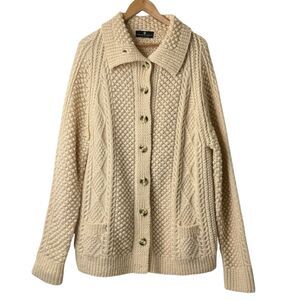Saks Fifth Avenue Wool Aran Cable Knit Fisherman Cardigan Sweater Hand knit XL